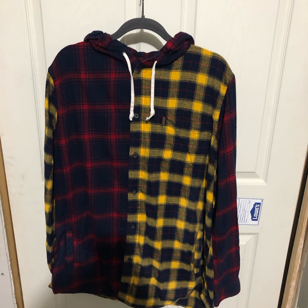 Hoodie Shirt Chaps Two-Tone Plaid Hooded Button-Up - Red, Navy & Yellow